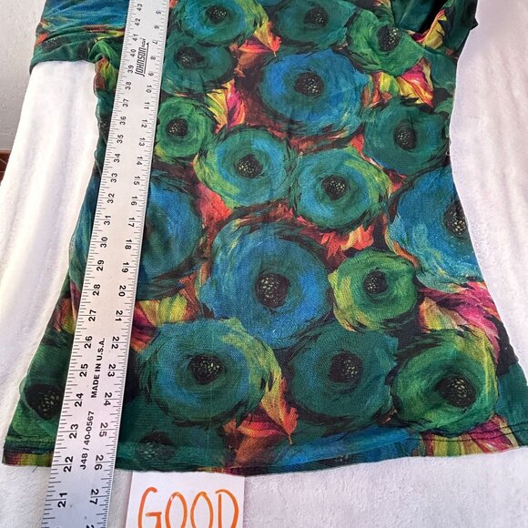 Women's Blue Green Floral Print Turtleneck Long Sleeve Mesh Top Casual - Picture 6 of 6